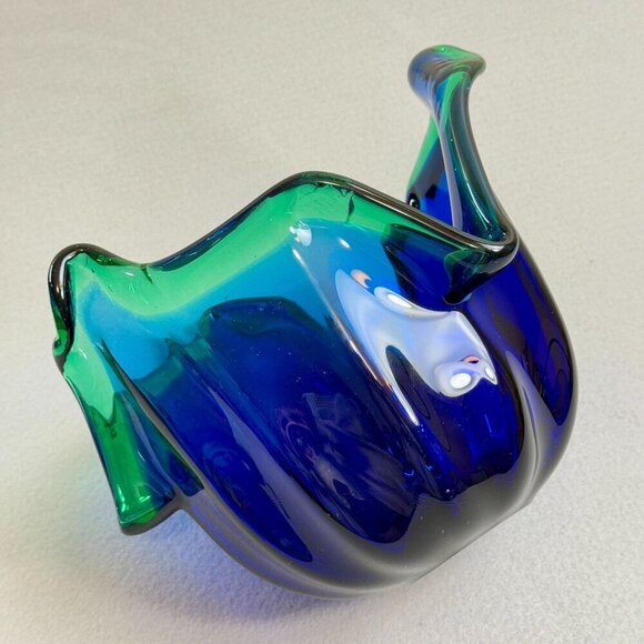 Vintage Italian Murano Style Art Glass Bowl, Cobalt Blue, Green Crest Edge 8" - Picture 10 of 15